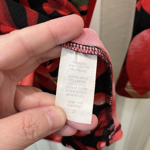 Susan Lawrence Red Tan Floral Stretchy Slinky Long Sleeve Top Womens Size 2X - Picture 6 of 10